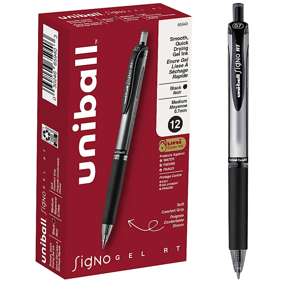 uni-ball® Signo Gel RT™ Retractable Pens, Medium Point, 0.7 mm, Silver Barrel, Black Ink, Pack Of 12 Pens