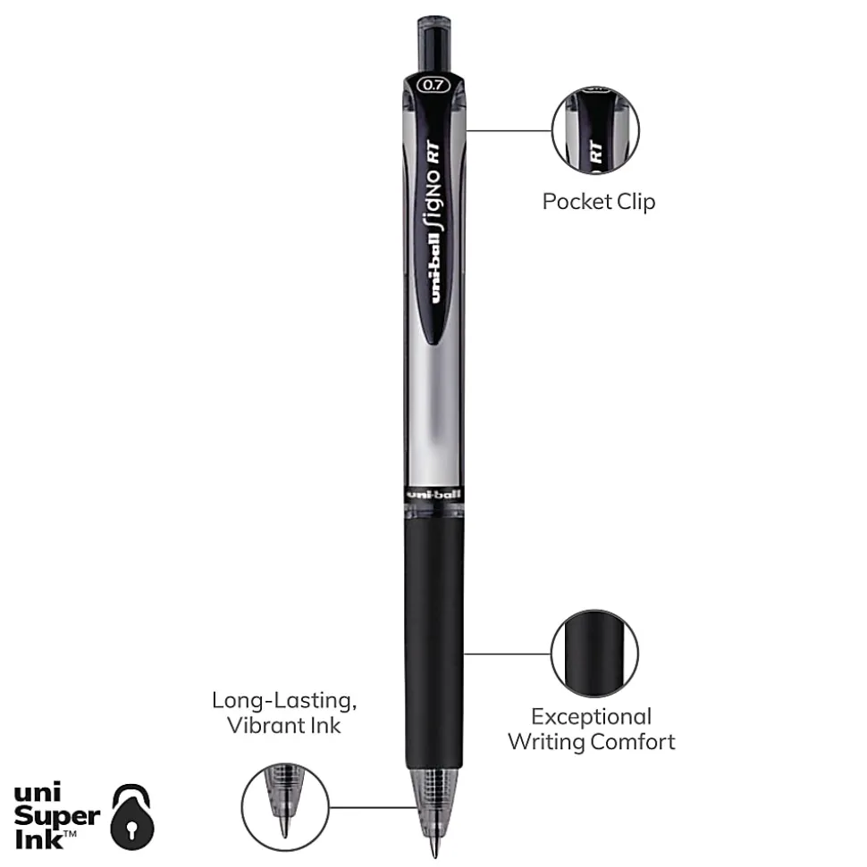 uni-ball® Signo Gel RT™ Retractable Pens, Medium Point, 0.7 mm, Silver Barrel, Black Ink, Pack Of 12 Pens