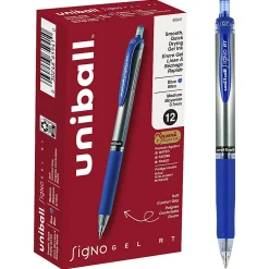uni-ball® Signo Gel RT™ Retractable Pens, Medium Point, 0.7 mm, Silver Barrel, Blue Ink, Pack Of 12 Pens