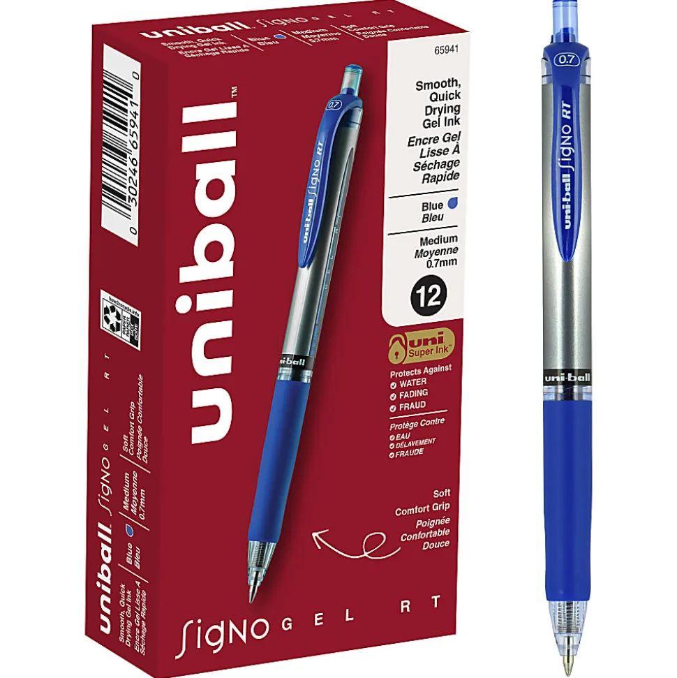 uni-ball® Signo Gel RT™ Retractable Pens, Medium Point, 0.7 mm, Silver Barrel, Blue Ink, Pack Of 12 Pens