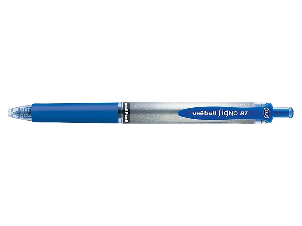 uni-ball® Signo Gel RT™ Retractable Pens, Medium Point, 0.7 mm, Silver Barrel, Blue Ink, Pack Of 12 Pens