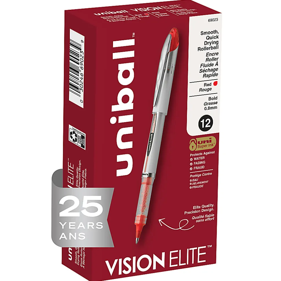 uni-ball® Vision™ Elite™ Liquid Ink Rollerball Pens, Bold Point, 0.8 mm, White Barrel, Red Ink, Pack Of 12