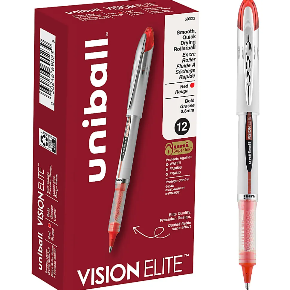 uni-ball® Vision™ Elite™ Liquid Ink Rollerball Pens, Bold Point, 0.8 mm, White Barrel, Red Ink, Pack Of 12