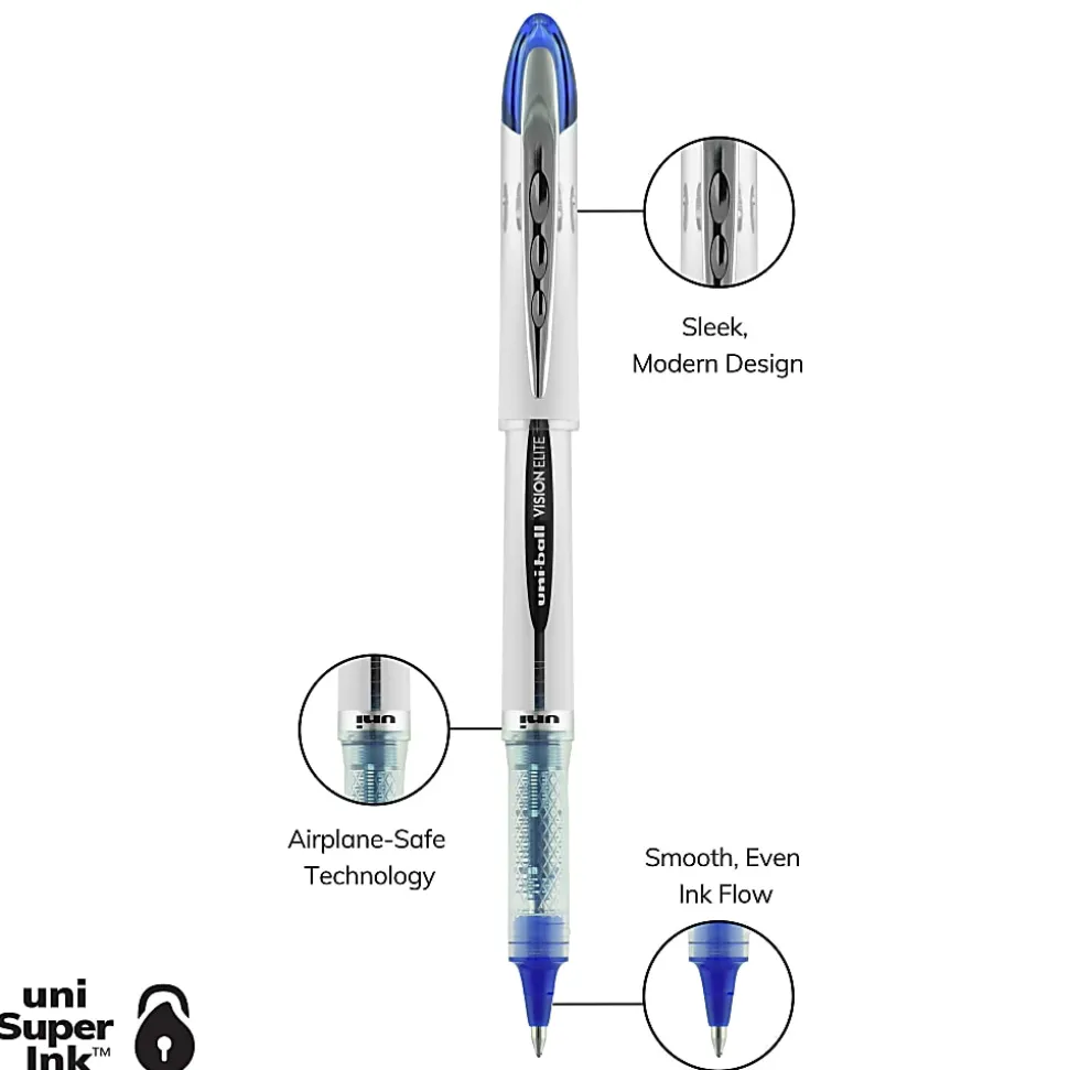uni-ball® Vision™ Elite™ Liquid Ink Rollerball Pens, Bold Point, 0.8 mm, Black Barrel, Assorted Ink Colors, Pack Of 8