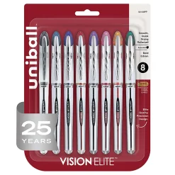 uni-ball® Vision™ Elite™ Liquid Ink Rollerball Pens, Bold Point, 0.8 mm, Black Barrel, Assorted Ink Colors, Pack Of 8