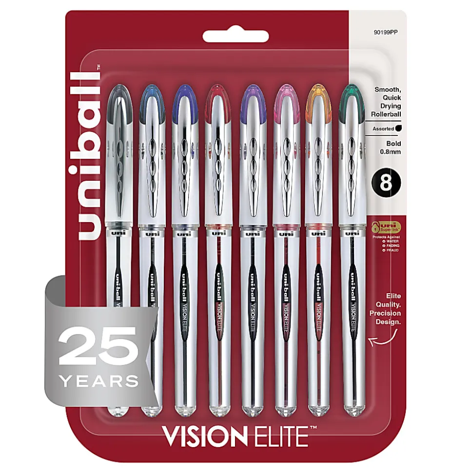 uni-ball® Vision™ Elite™ Liquid Ink Rollerball Pens, Bold Point, 0.8 mm, Black Barrel, Assorted Ink Colors, Pack Of 8