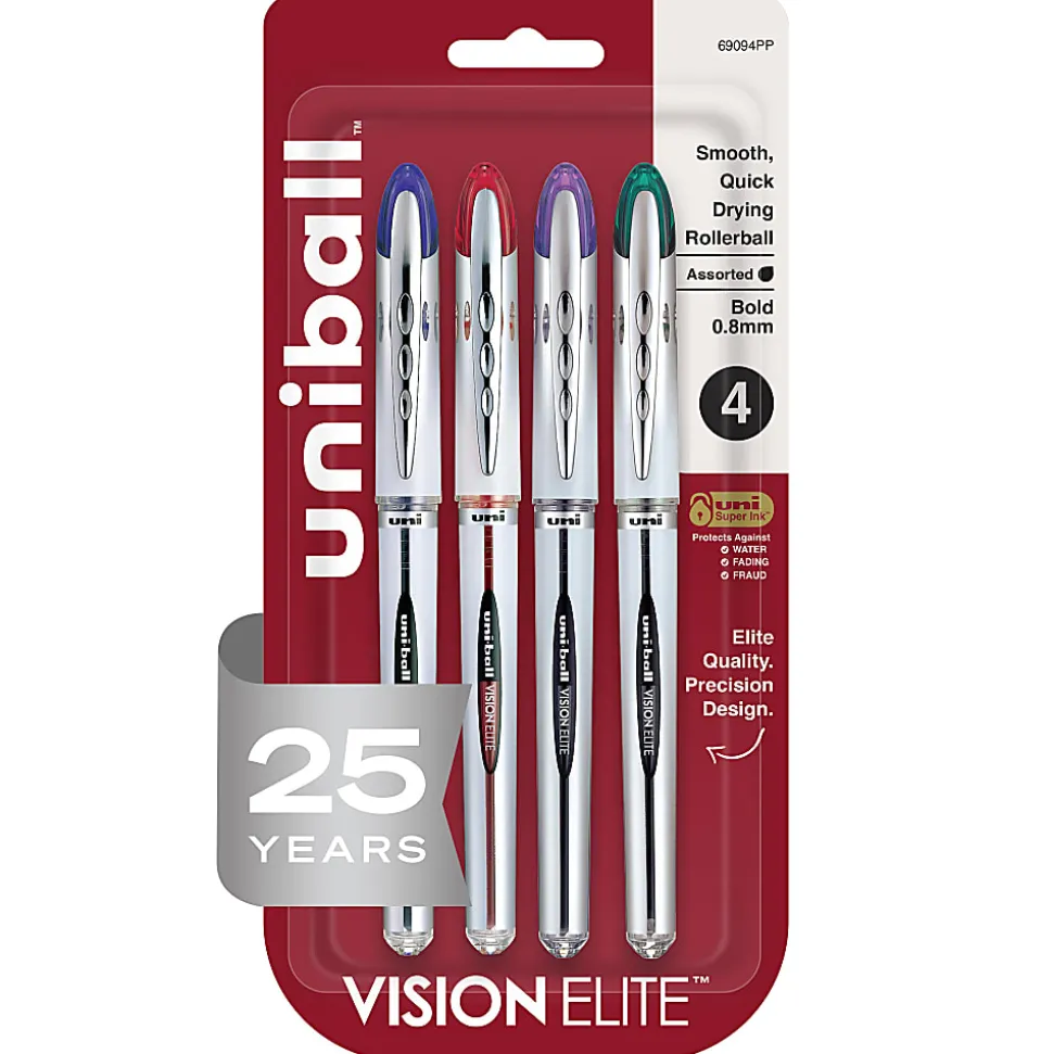 uni-ball® Vision™ Elite™ Liquid Ink Rollerball Pens, Bold Point, 0.8 mm, White Barrel, Assorted Ink Colors, Pack Of 4