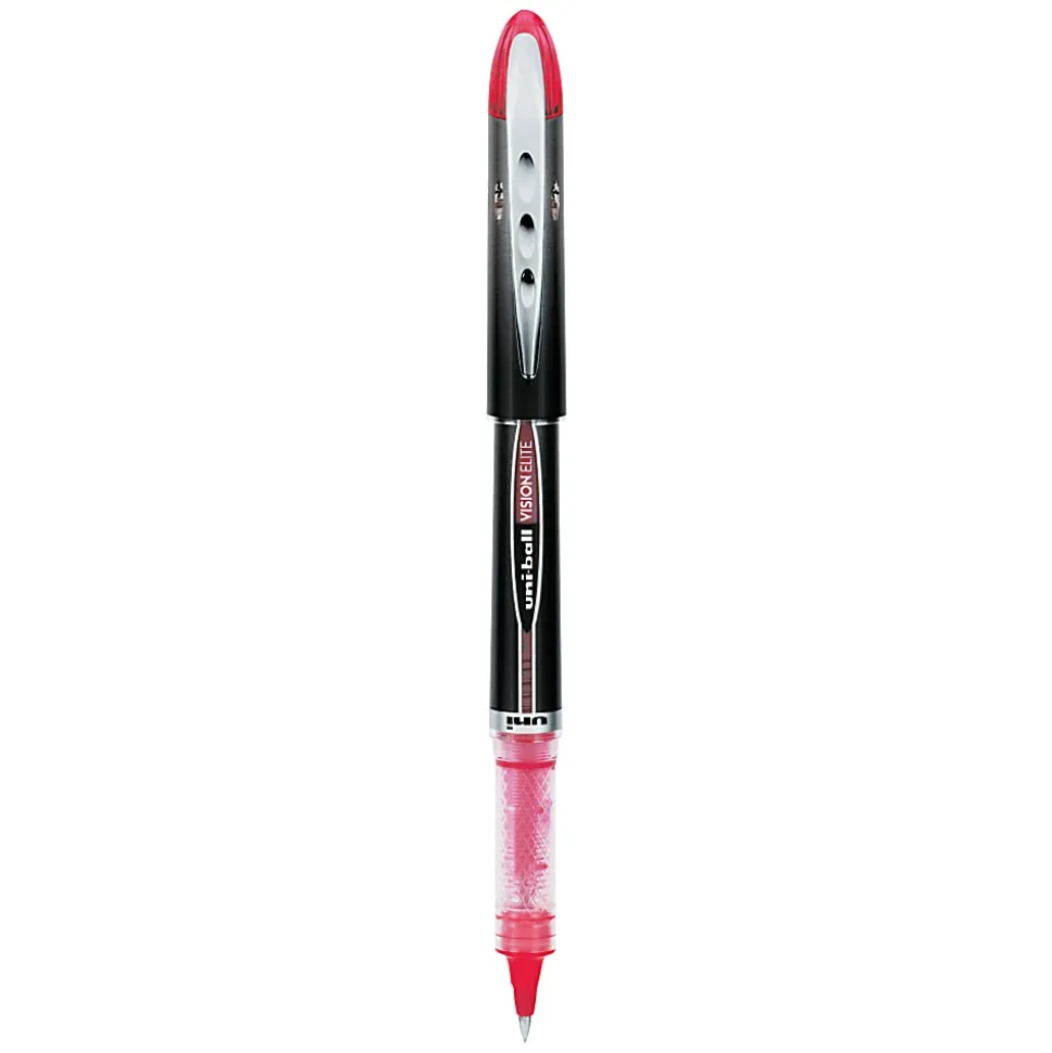 uni-ball® Vision™ Elite™ Liquid Ink Rollerball Pens, Micro Point, 0.5 mm, Black Barrel, Red Ink, Pack Of 12