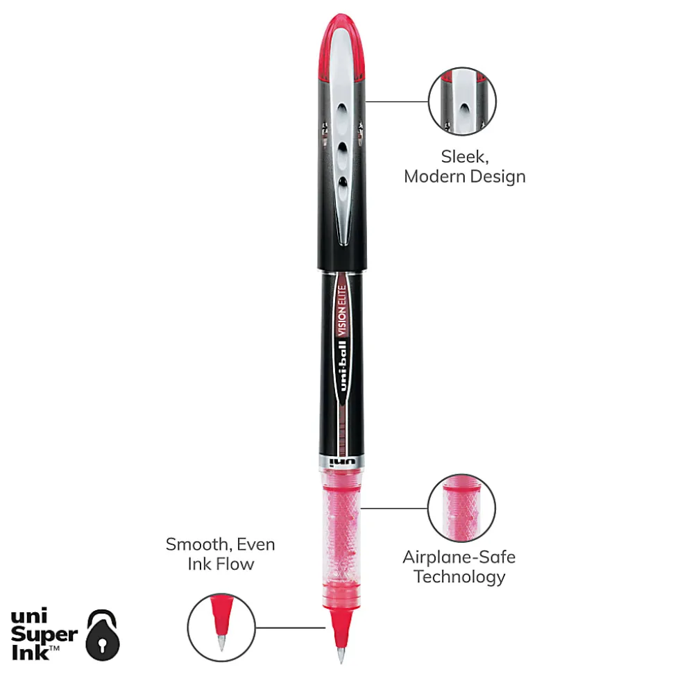 uni-ball® Vision™ Elite™ Liquid Ink Rollerball Pens, Micro Point, 0.5 mm, Black Barrel, Red Ink, Pack Of 12