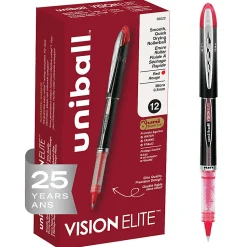 uni-ball® Vision™ Elite™ Liquid Ink Rollerball Pens, Micro Point, 0.5 mm, Black Barrel, Red Ink, Pack Of 12