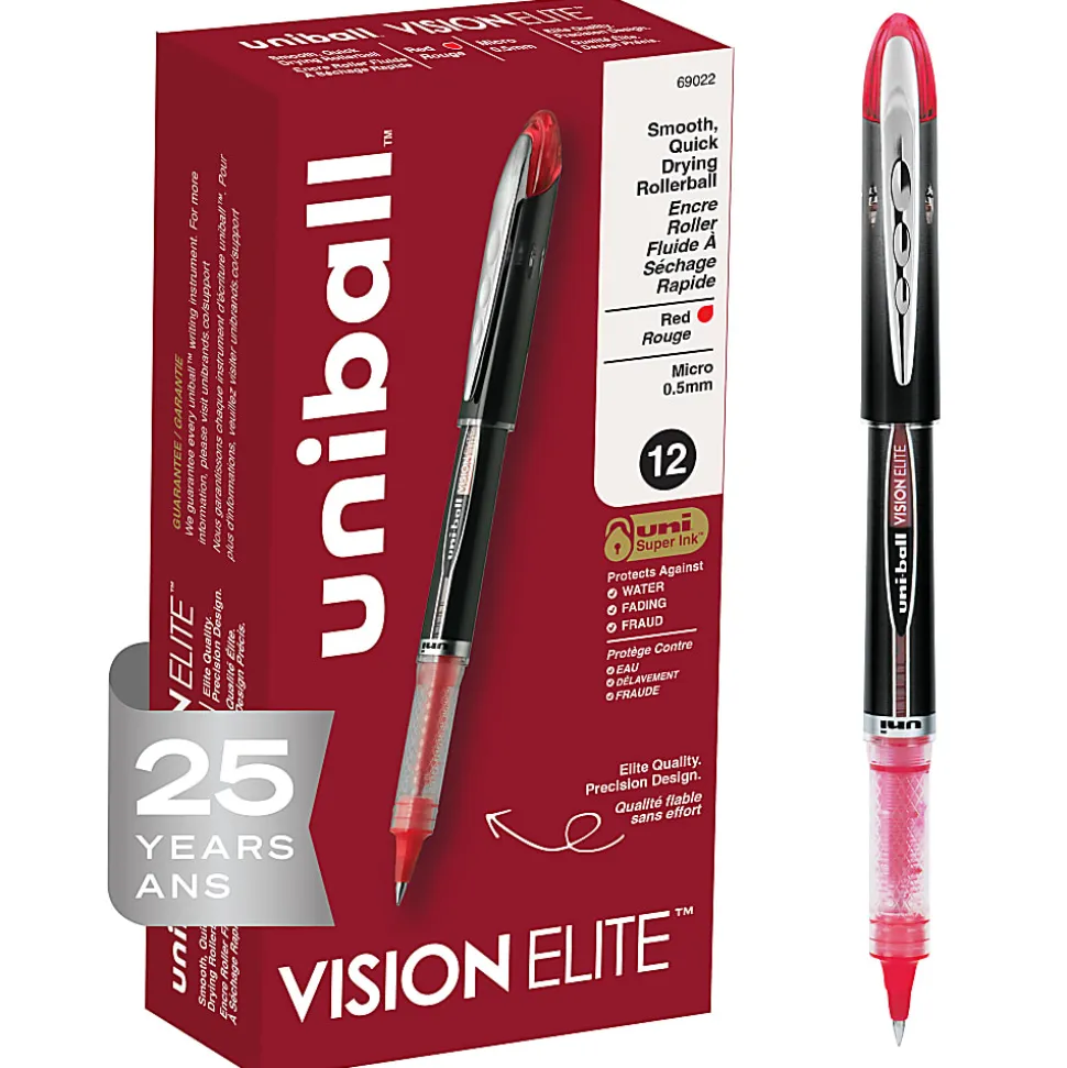 uni-ball® Vision™ Elite™ Liquid Ink Rollerball Pens, Micro Point, 0.5 mm, Black Barrel, Red Ink, Pack Of 12
