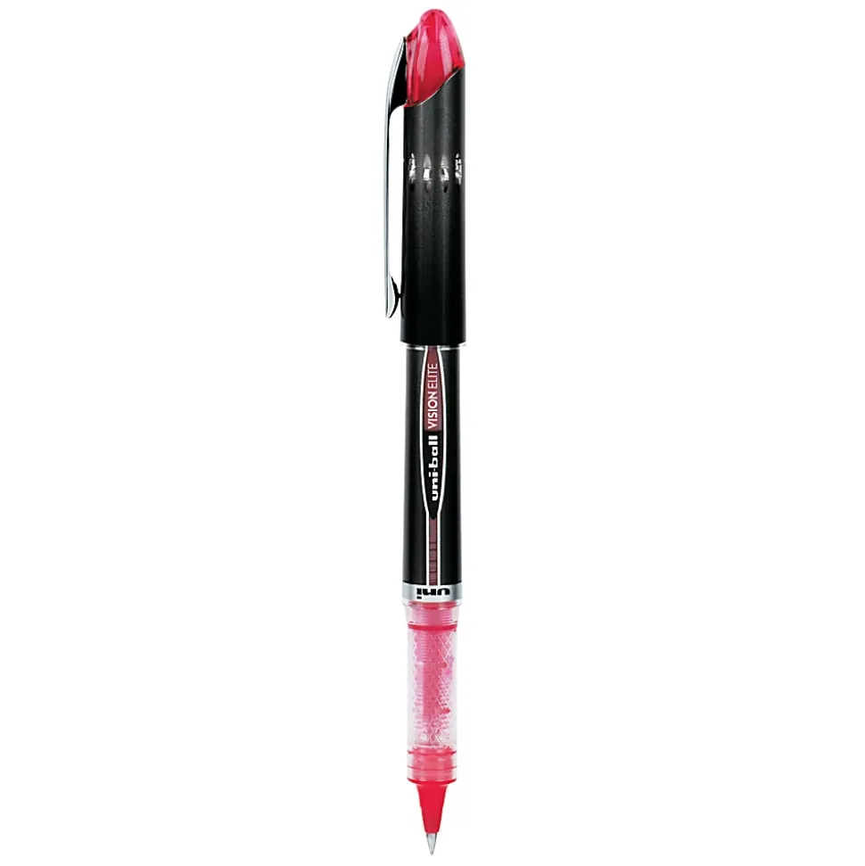 uni-ball® Vision™ Elite™ Liquid Ink Rollerball Pens, Micro Point, 0.5 mm, Black Barrel, Red Ink, Pack Of 12