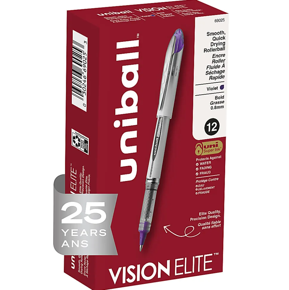 uniball Vision Elite Rollerball Pens, Bold Point (0.8mm), Violet, 12 Count