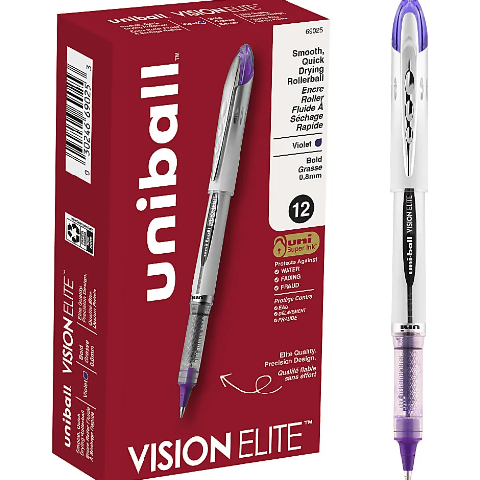 uniball Vision Elite Rollerball Pens, Bold Point (0.8mm), Violet, 12 Count