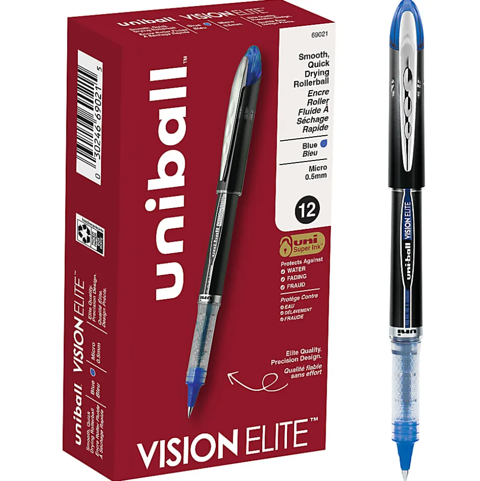 uni-ball® Vision™ Elite™ Rollerball Pens, Ultra-Fine Point, 0.5 mm, Black Barrel, Blue Ink, Pack Of 12 Pens