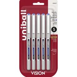 uni-ball® Vision™ Liquid Ink Rollerball Pens, Fine Point, 0.7 mm, Gray Barrel, Blue Ink, Pack Of 5 Pens