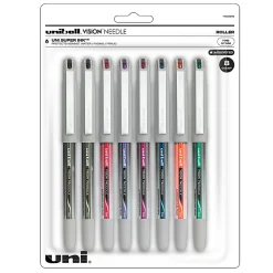 uni-ball® Vision™ Liquid Ink Rollerball Pens, Needle/Fine Point, 0.7 mm, Gray Barrel, Assorted Ink Colors, Pack Of 8 Pens