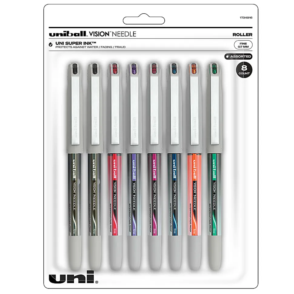 uni-ball® Vision™ Liquid Ink Rollerball Pens, Needle/Fine Point, 0.7 mm, Gray Barrel, Assorted Ink Colors, Pack Of 8 Pens