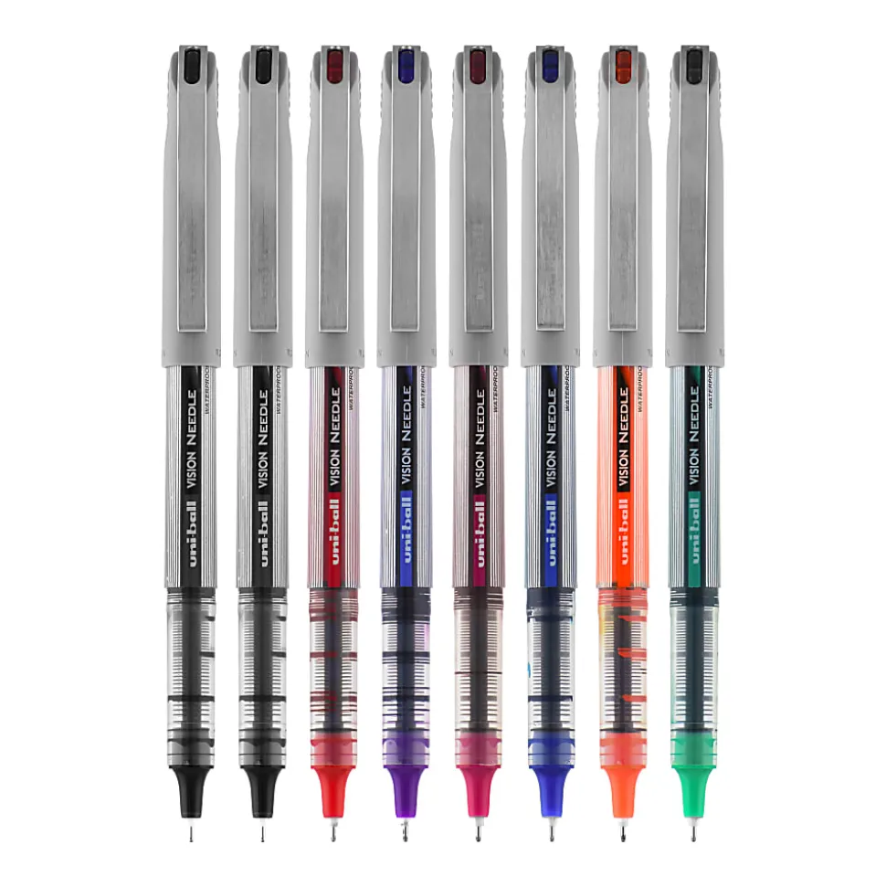 uni-ball® Vision™ Liquid Ink Rollerball Pens, Needle/Fine Point, 0.7 mm, Gray Barrel, Assorted Ink Colors, Pack Of 8 Pens