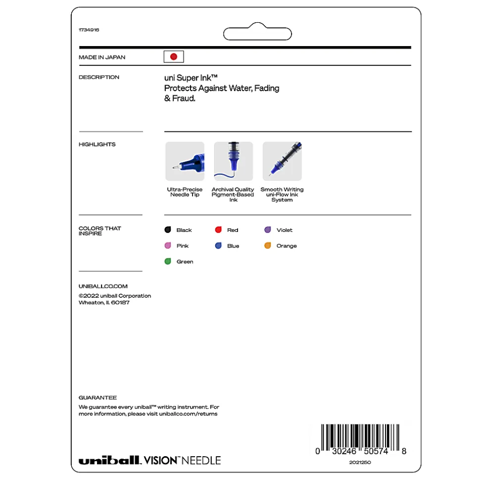 uni-ball® Vision™ Liquid Ink Rollerball Pens, Needle/Fine Point, 0.7 mm, Gray Barrel, Assorted Ink Colors, Pack Of 8 Pens