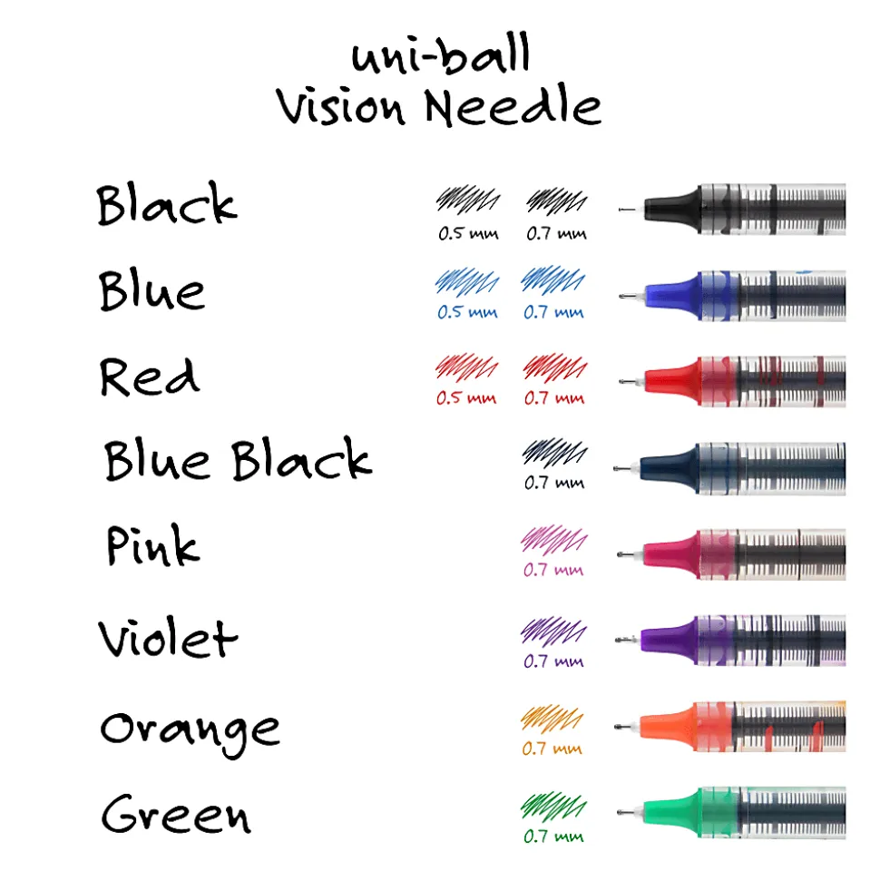 uni-ball® Vision™ Liquid Ink Rollerball Pens, Needle/Fine Point, 0.7 mm, Gray Barrel, Assorted Ink Colors, Pack Of 8 Pens