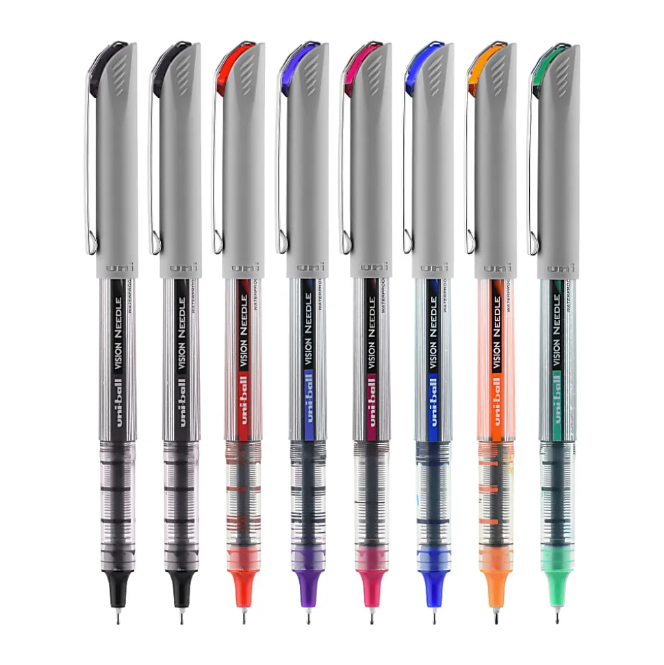 uni-ball® Vision™ Liquid Ink Rollerball Pens, Needle/Fine Point, 0.7 mm, Gray Barrel, Assorted Ink Colors, Pack Of 8 Pens