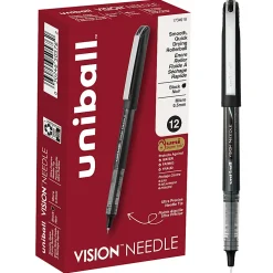 uni-ball® Vision™ Needle Liquid Ink Rollerball Pens, Micro Point, 0.5 mm, Black Barrel, Black Ink, Pack Of 12