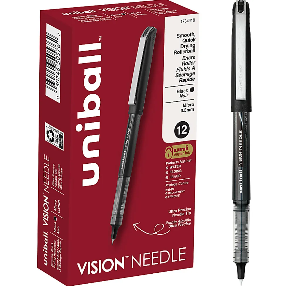 uni-ball® Vision™ Needle Liquid Ink Rollerball Pens, Micro Point, 0.5 mm, Black Barrel, Black Ink, Pack Of 12