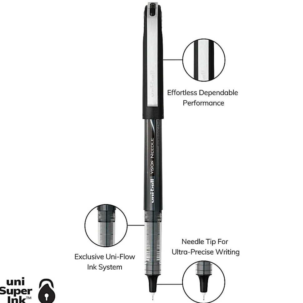 uni-ball® Vision™ Needle Liquid Ink Rollerball Pens, Micro Point, 0.5 mm, Black Barrel, Black Ink, Pack Of 12