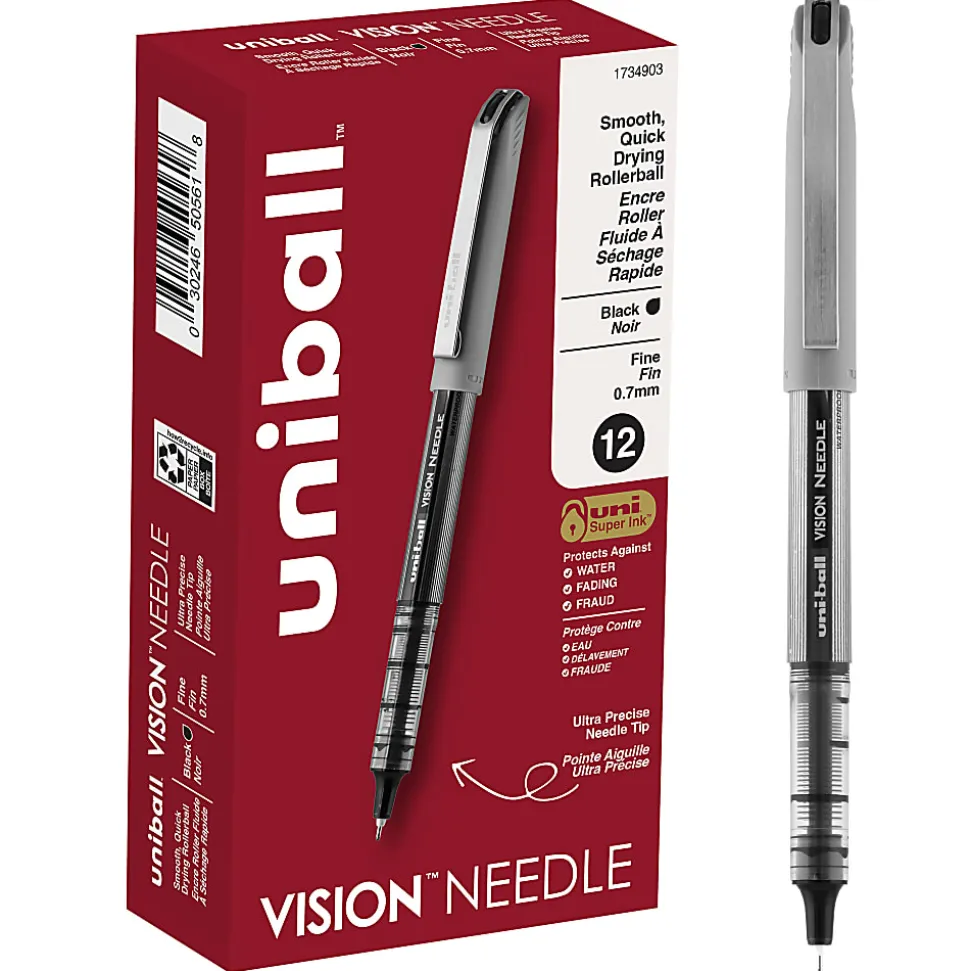 uni-ball® Vision™ Needle Liquid Ink Rollerball Pens, Fine Point, 0.7 mm, Gray Barrel, Black Ink, Pack Of 12