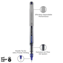uni-ball® Vision™ Needle Liquid Ink Rollerball Pens, Fine Point, 0.7 mm, Gray Barrel, Blue Ink, Pack Of 12