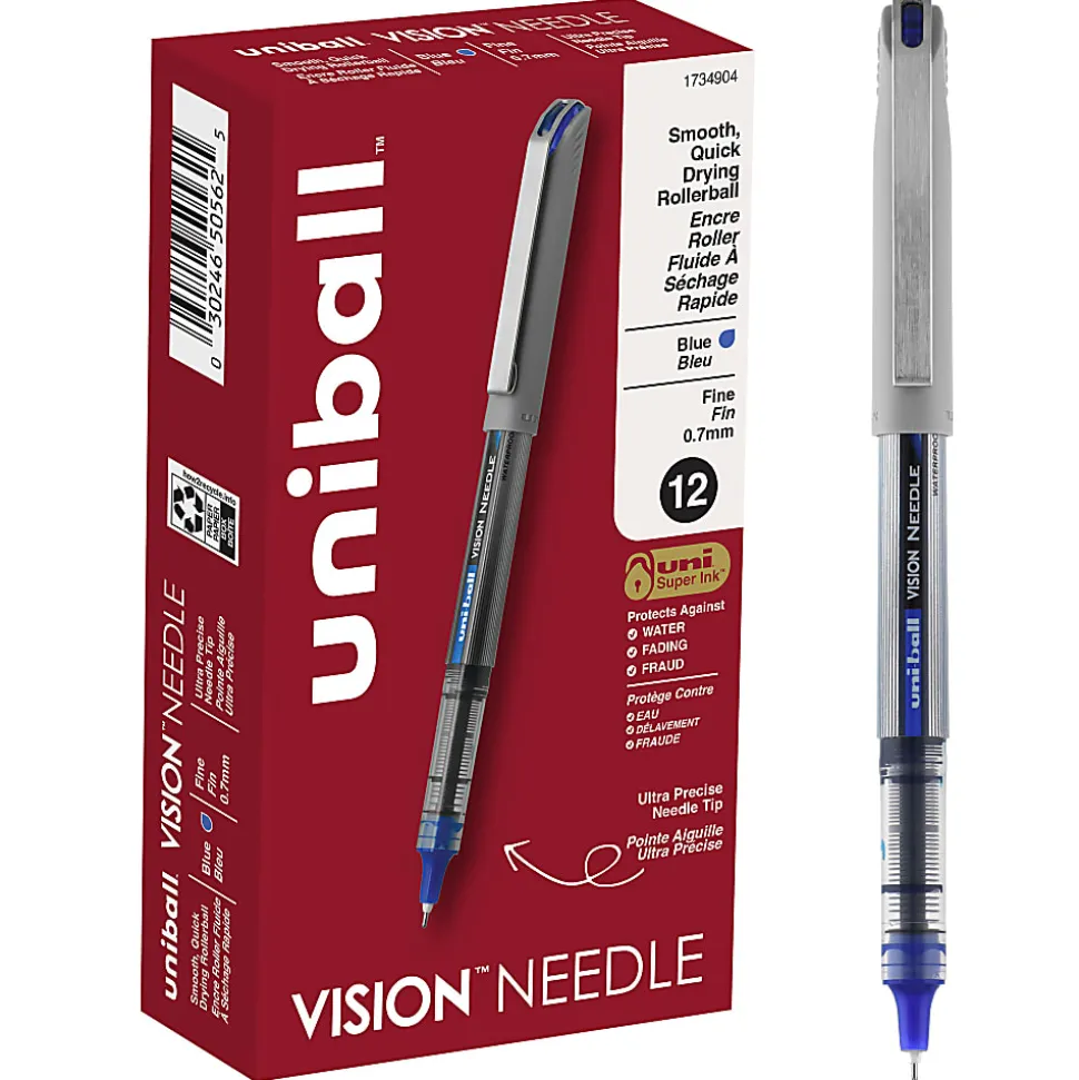 uni-ball® Vision™ Needle Liquid Ink Rollerball Pens, Fine Point, 0.7 mm, Gray Barrel, Blue Ink, Pack Of 12