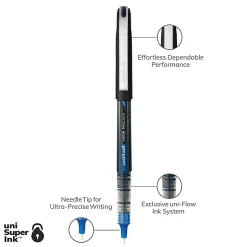 uni-ball® Vision™ Needle Liquid Ink Rollerball Pens, Micro Point, 0.5 mm, Black Barrel, Blue Ink, Pack Of 12