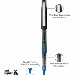uni-ball® Vision™ Needle Liquid Ink Rollerball Pens, Micro Point, 0.5 mm, Black Barrel, Blue Ink, Pack Of 12