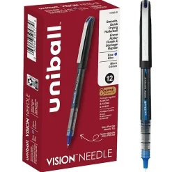 uni-ball® Vision™ Needle Liquid Ink Rollerball Pens, Micro Point, 0.5 mm, Black Barrel, Blue Ink, Pack Of 12