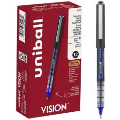uni-ball® Vision™ Rollerball Pens, Micro Point, 0.5 mm, Black Barrel, Blue Ink, Pack Of 12