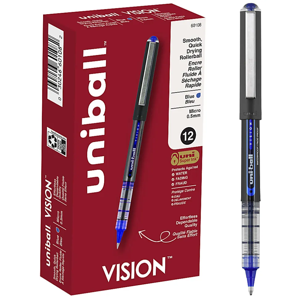 uni-ball® Vision™ Rollerball Pens, Micro Point, 0.5 mm, Black Barrel, Blue Ink, Pack Of 12