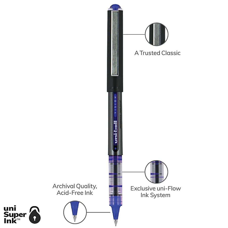 uni-ball® Vision™ Rollerball Pens, Micro Point, 0.5 mm, Black Barrel, Blue Ink, Pack Of 12