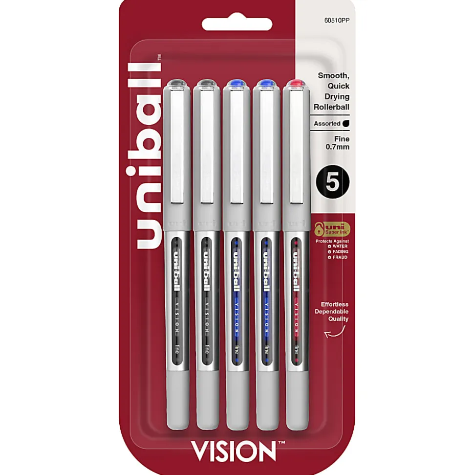 uni-ball® Vision™ Rollerball Pens, Fine Point, 0.7 mm, Gray Barrel, Assorted Ink Colors, Pack Of 5