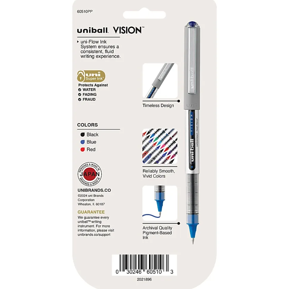 uni-ball® Vision™ Rollerball Pens, Fine Point, 0.7 mm, Gray Barrel, Assorted Ink Colors, Pack Of 5