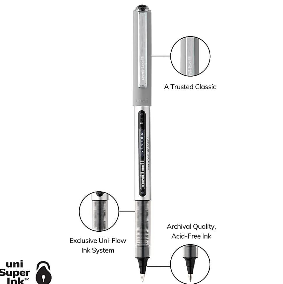 uni-ball® Vision™ Rollerball Pens, Fine Point, 0.7 mm, Gray Barrel, Assorted Ink Colors, Pack Of 5