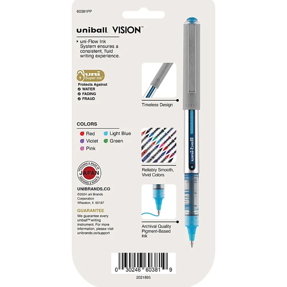 uni-ball® Vision™ Rollerball Pens, Fine Point, 0.7 mm, Assorted Barrels, Assorted Ink Colors, Pack Of 5
