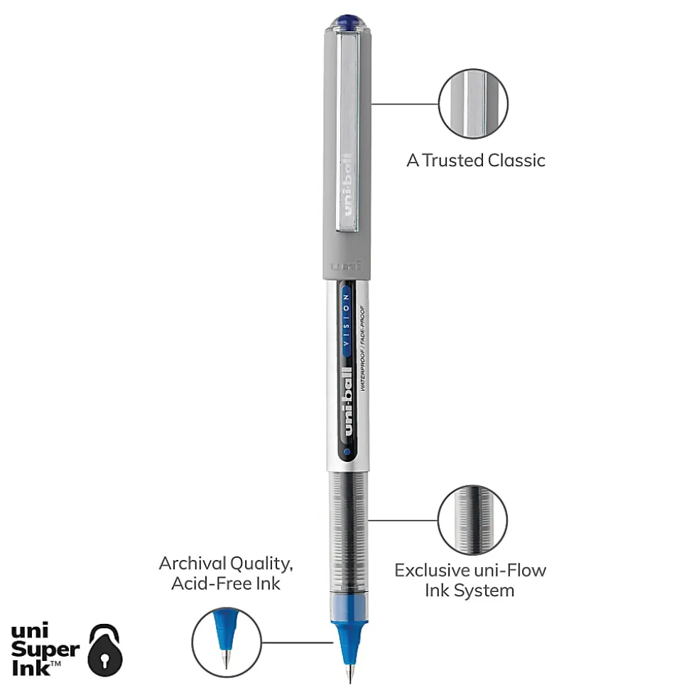 uni-ball® Vision™ Rollerball Pens, Fine Point, 0.7 mm, Gray Barrel, Blue Ink, Pack Of 12