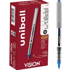 uni-ball® Vision™ Rollerball Pens, Fine Point, 0.7 mm, Gray Barrel, Blue Ink, Pack Of 12