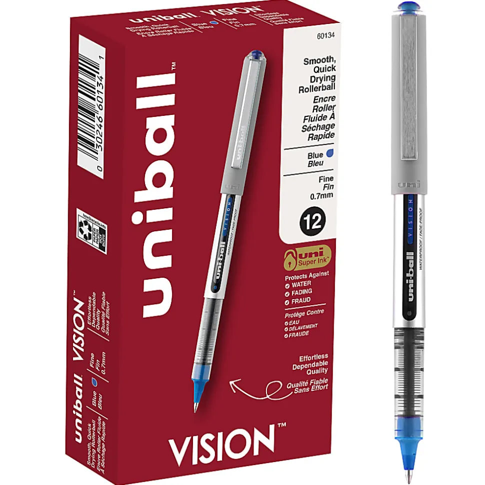 uni-ball® Vision™ Rollerball Pens, Fine Point, 0.7 mm, Gray Barrel, Blue Ink, Pack Of 12