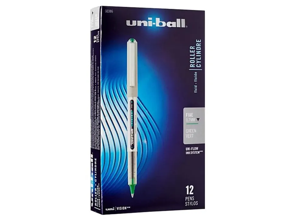 Uni-Ball Vision Rollerball Pens, Pack Of 12, Fine Point, 0.7 mm, Silver Barrel, Green Ink