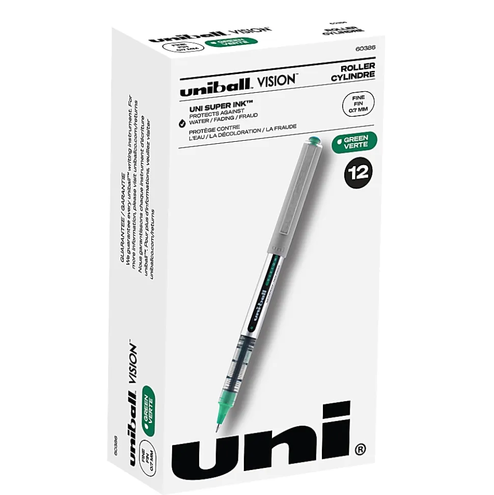 Uni-Ball Vision Rollerball Pens, Pack Of 12, Fine Point, 0.7 mm, Silver Barrel, Green Ink