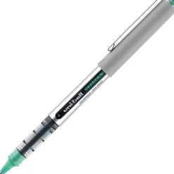 Uni-Ball Vision Rollerball Pens, Pack Of 12, Fine Point, 0.7 mm, Silver Barrel, Green Ink
