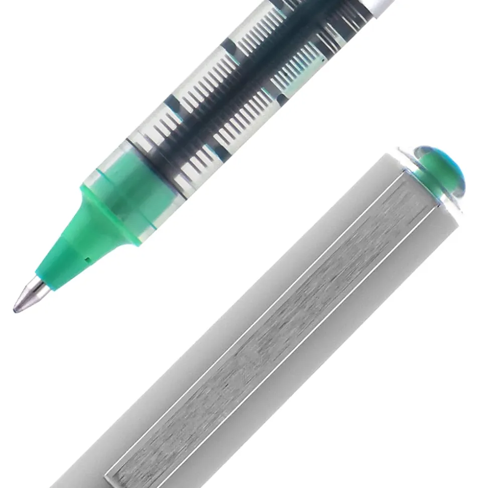 Uni-Ball Vision Rollerball Pens, Pack Of 12, Fine Point, 0.7 mm, Silver Barrel, Green Ink