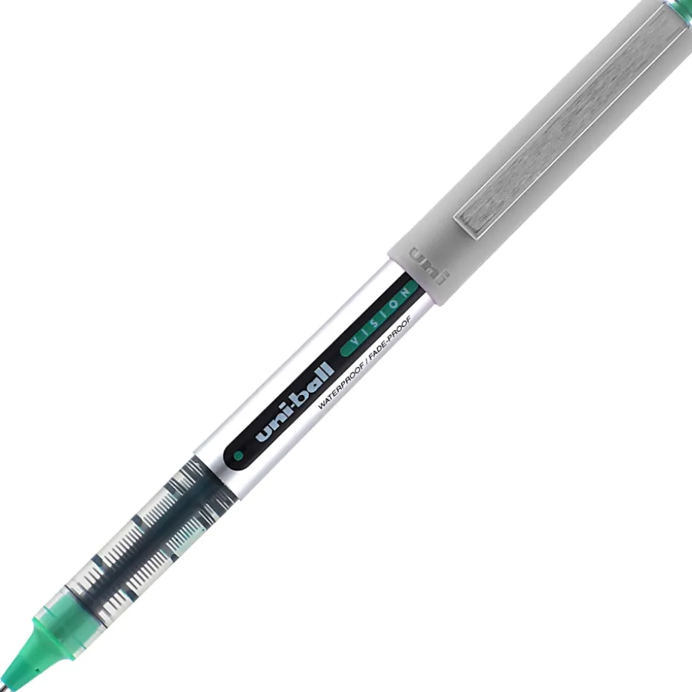 Uni-Ball Vision Rollerball Pens, Pack Of 12, Fine Point, 0.7 mm, Silver Barrel, Green Ink